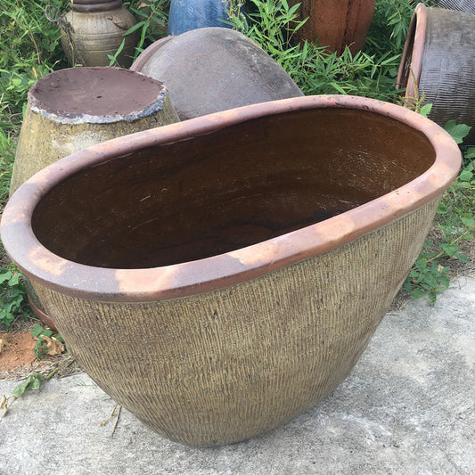 39#Oval flower pot/vertical pattern composite pottery jar/garden fish tank/glossy flower pot