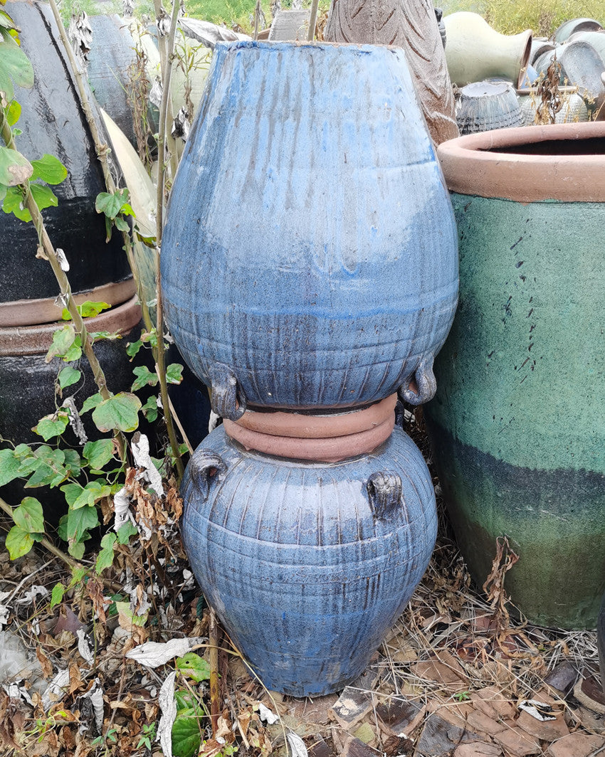 24#Small four-eared clay pot/vase flower arrangement/water feature clay pot/green plant landscaping flower pot