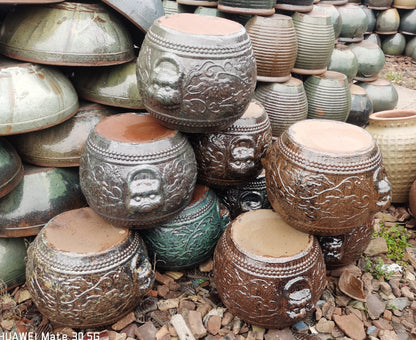 26#Lion head shaped pottery altar/Chinese drum shaped flower pot/Indoor ceramic ornaments